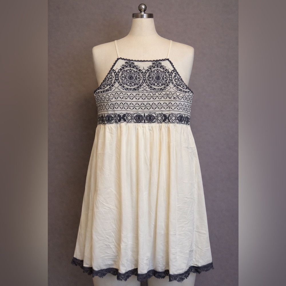 Blu Pepper Cream Mini Dress with Navy Embroidered Bodice and Trim